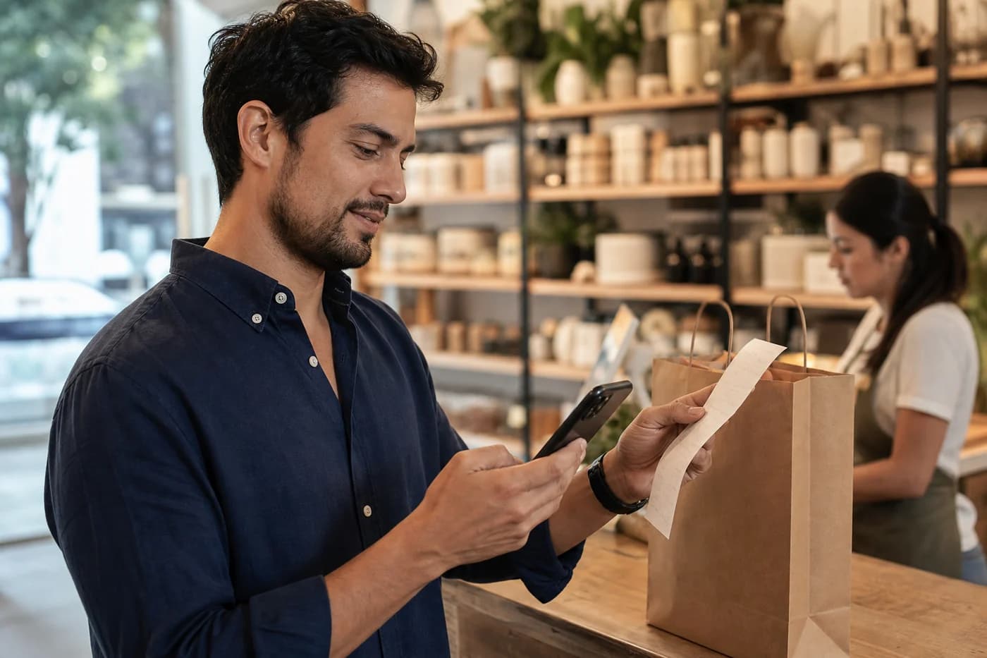 Cliente al terminar una compra en una tienda, con su ticket de papel y su celular