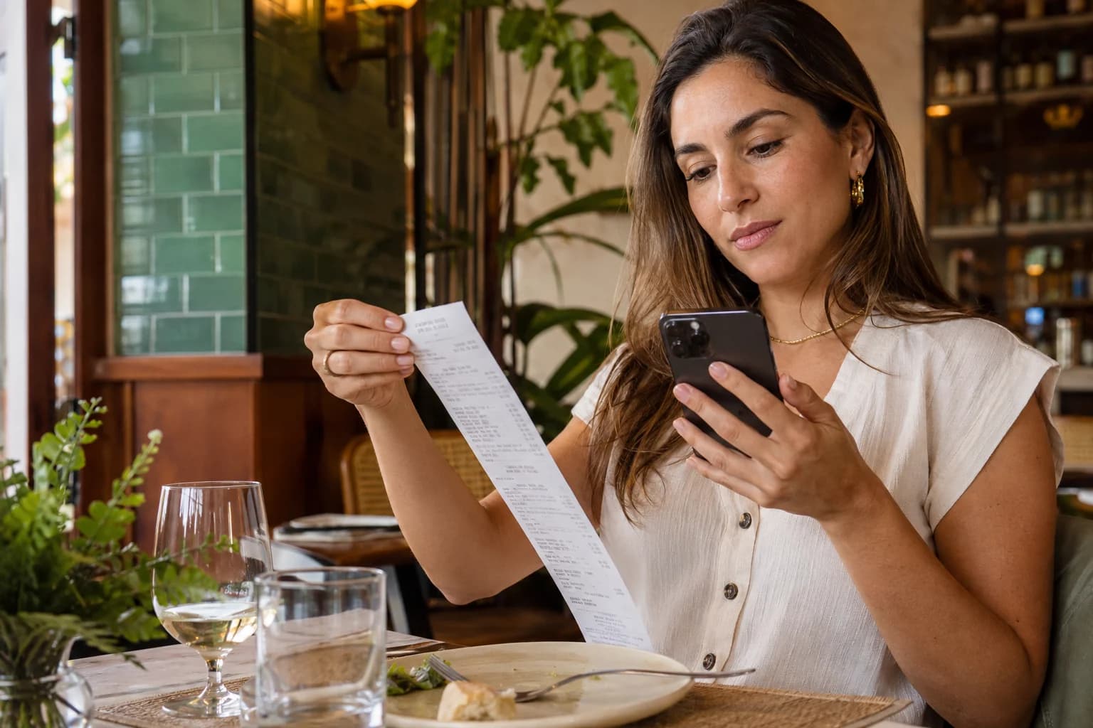 Cliente en un restaurante revisando su ticket de consumo con el celular en la mano